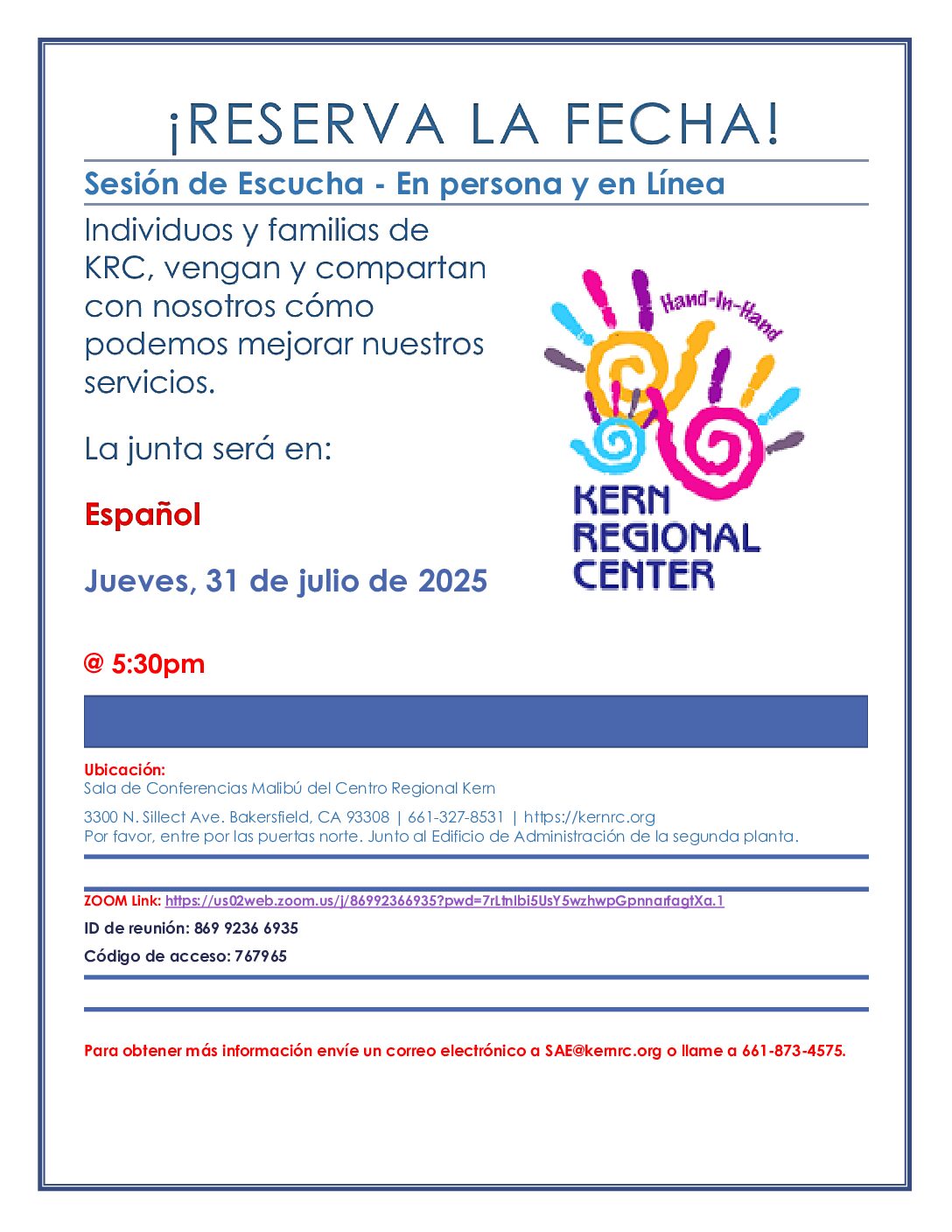 Sesión de Escucha 7/31/25 | Kern Regional Center