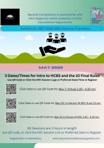 Intro to HCBS and the 10 Final Rules Educational Opportunity! Join us on either May 7, 1:30-4:30 PM, May 20 9:00-12:00PM, May 20 1:30-4:30 PM.